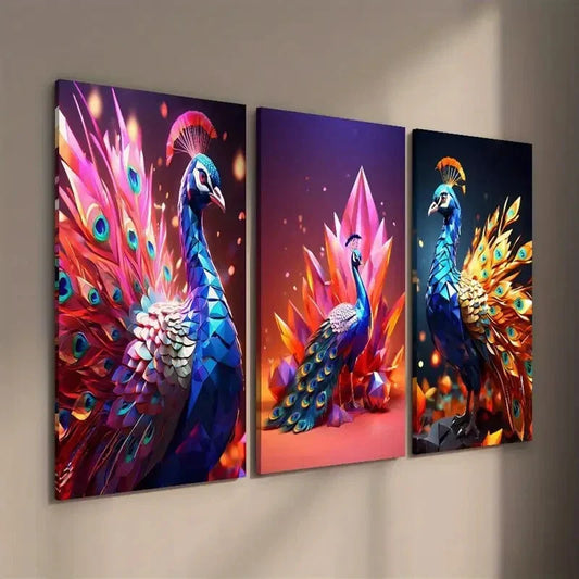 3pcs Vibrant Peacock Decor Wall Art Set Canvas Framed 40x60cm - High Quality Print 100% Australian Made Wall Canvas Ready to Hang