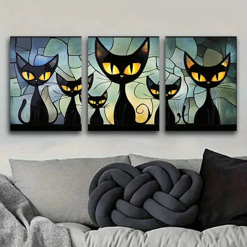 3pcs Featuring a Family of Black Cats, Metal Print Ready to Hang Art