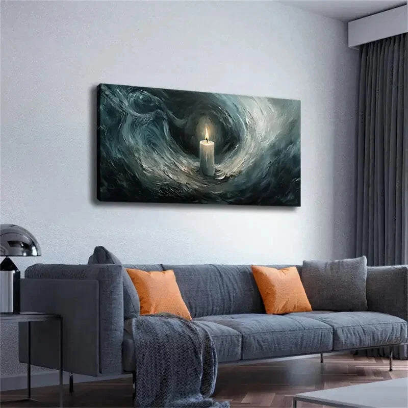Lit Candle Swirling Dark Back Wall Art Canvas Office Home Room Framed 120x60cm