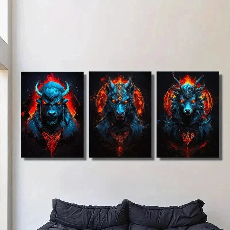 3pcs Ferocious Cattle Horse and Sheep Wall Art Set Canvas Framed 40x60cm - High Quality Print 100% Australian Made Wall Canvas Ready to Hang