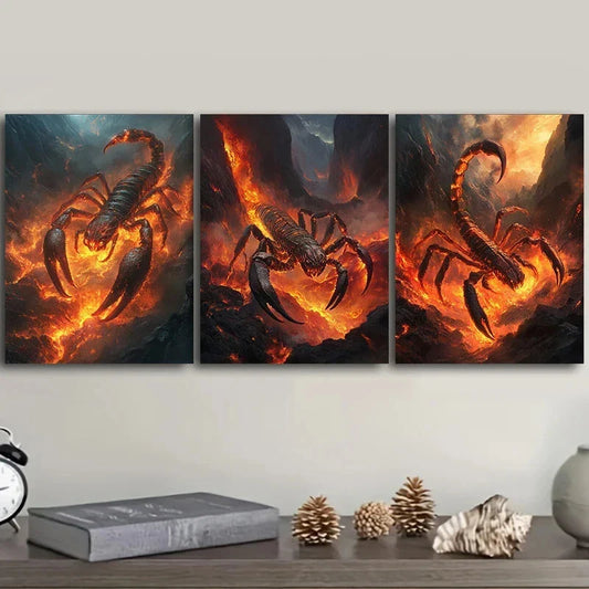 3pcs Red Scorpion Luxurious Stunning Gold Metal Print Ready to Hang Art