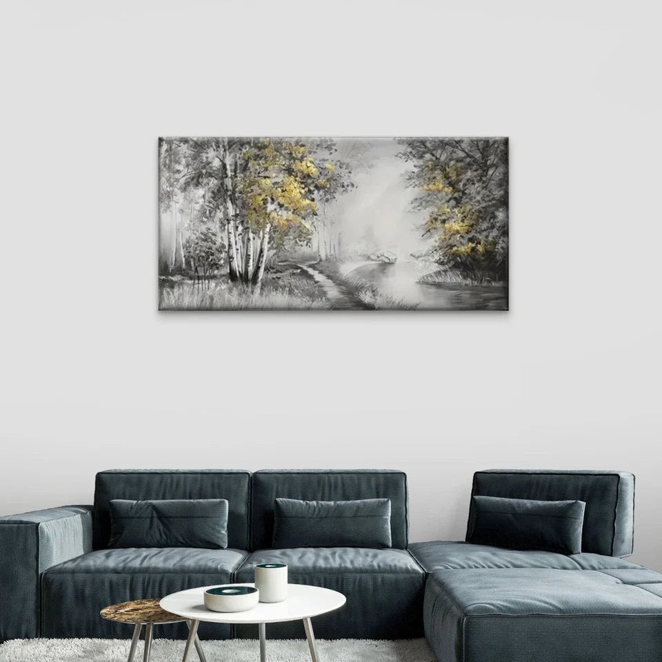 River Woods Forest Black White Wall Art Canvas Office Home Room Framed 120x60cm