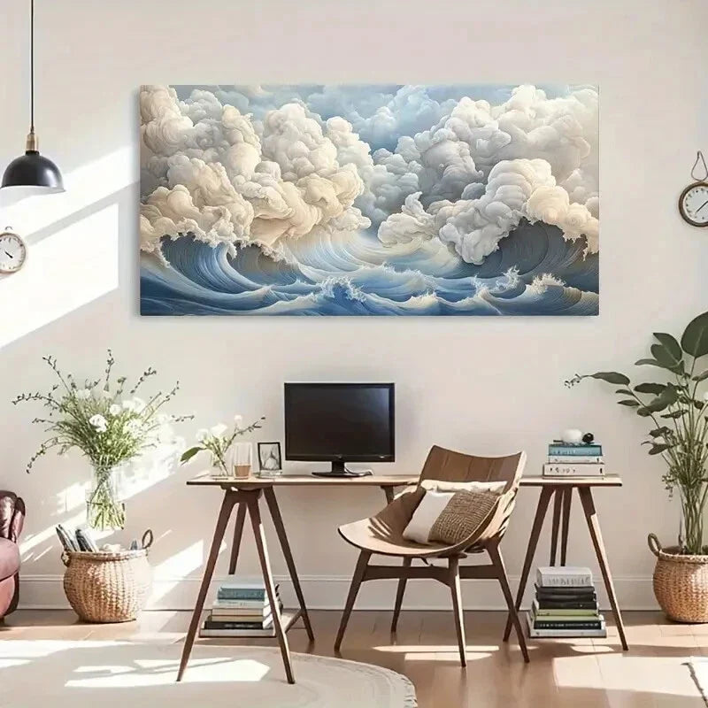 Cloudy Sky & Ocean Waves Serene Wall Art Canvas Office Home Room Framed 80x45cm