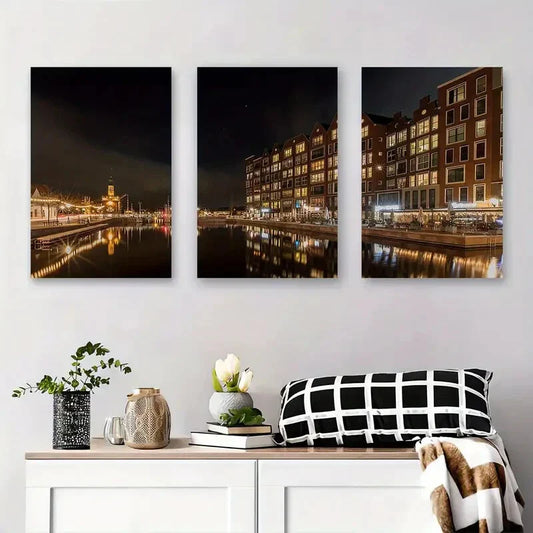 3pcs Amsterdam Canal Night Cityscape Night Metal Print Ready to Hang Art