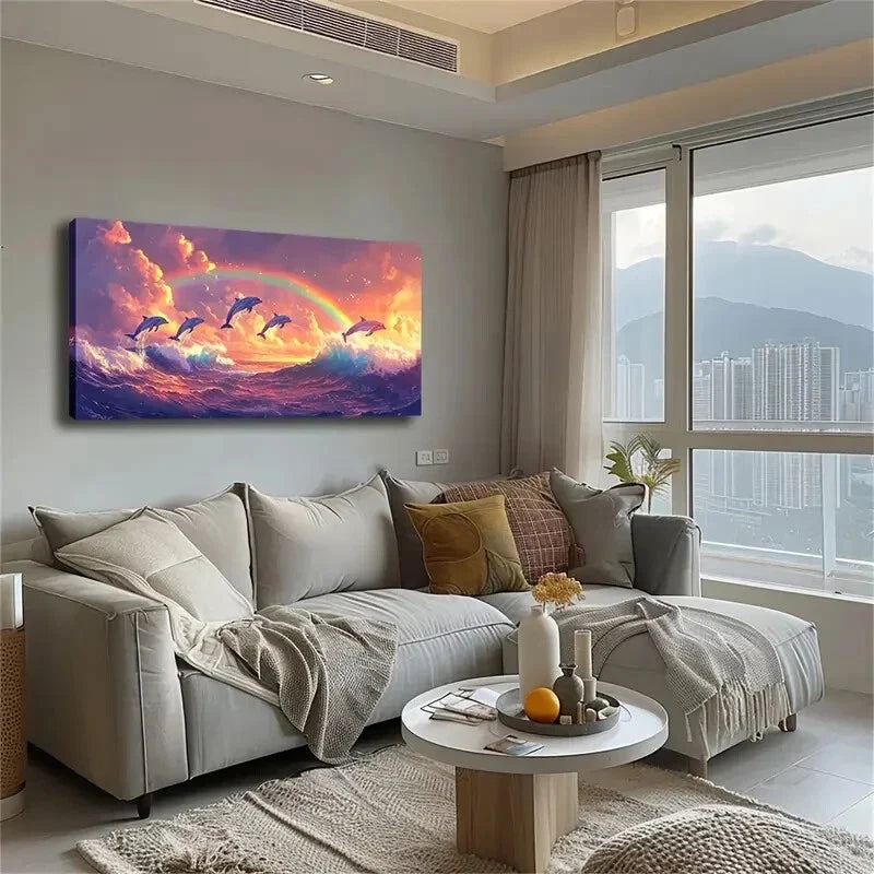 Vibrant Dolphins Leaping Under Wall Art Canvas Office Home Room Framed 120x60cm