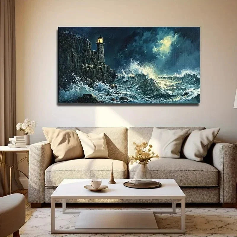 Modern Raging Waves Wall Art Canvas Office Home Room Framed 80x45cm