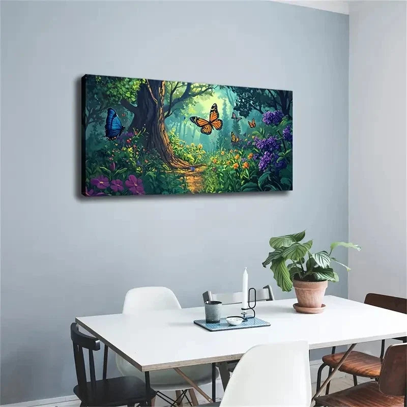 Purple Flowers & Butterflies Wall Art Canvas Office Home Room Framed 120x60cm