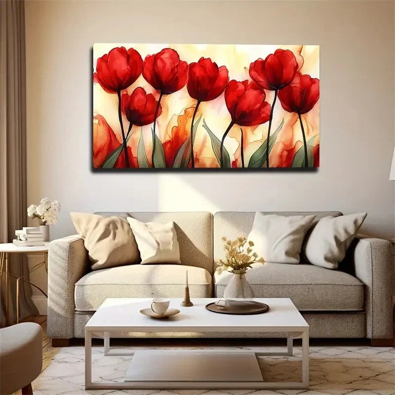 Modern Minimalist Red Tulip Wall Art Canvas Office Home Room Framed 80x45cm