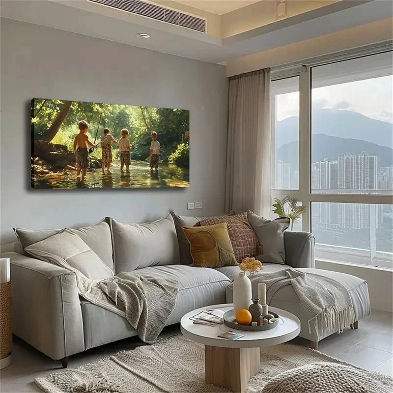 Four Children in the Creek Fish Wall Art Canvas Office Home Room Framed 120x60cm