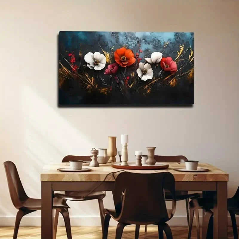 Red & White Flowers In Golden Wall Art Canvas Office Home Room Framed 80x45cm