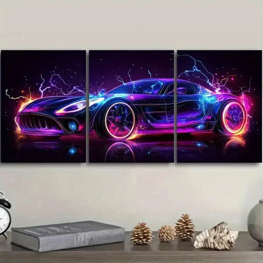 3pcs Neon Sports Car Super Colorful Dark Perfect Wall Art Set Canvas Framed 40x60cm - High Quality Print 100% Australian Made Wall Canvas Ready to Hang