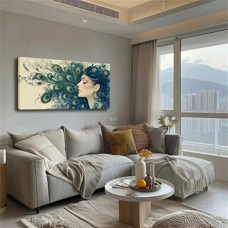 Woman's Hair And Peacock Wall Art Canvas Office Home Room Framed 120x60cm