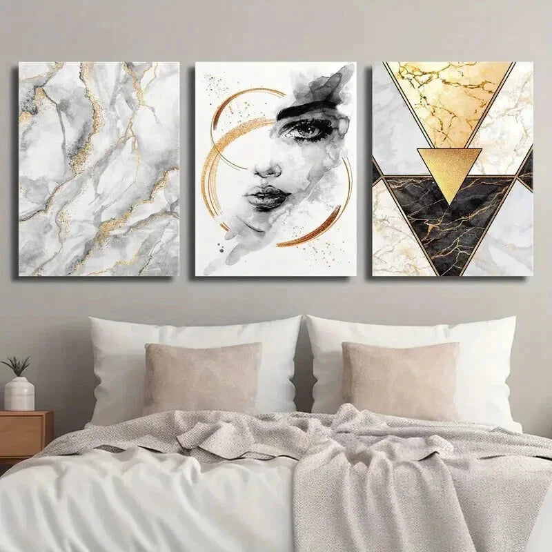 3pcs Beautiful Female Face Marble Texture Wall Art Set Canvas Framed 40x60cm - High Quality Print 100% Australian Made Wall Canvas Ready to Hang