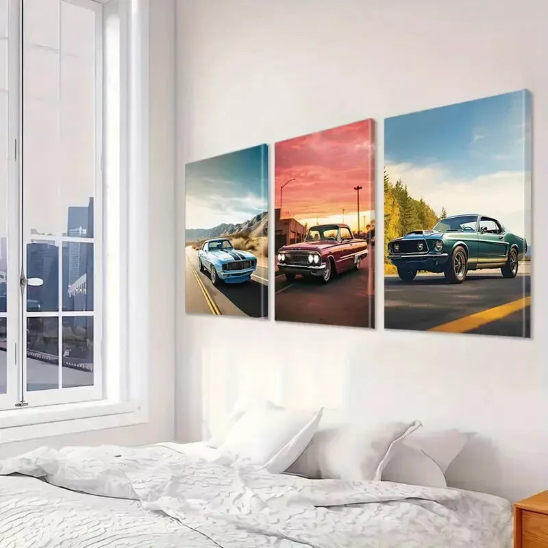 3pcs Retro Aesthetic Vintage Cars With Sunset Wall Art Set Canvas Framed 40x60cm - High Quality Print 100% Australian Made Wall Canvas Ready to Hang