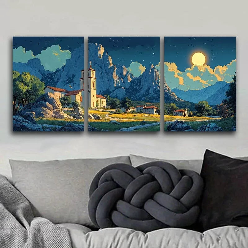 3pcs Painting A Church Under The Mountains Wall Art Set Canvas Framed 40x60cm - High Quality Print 100% Australian Made Wall Canvas Ready to Hang