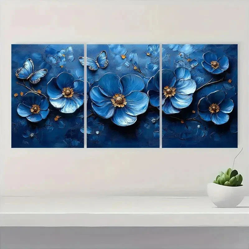 3pcs Navy Blue Flower & Butterfly Metal Print Ready to Hang Art