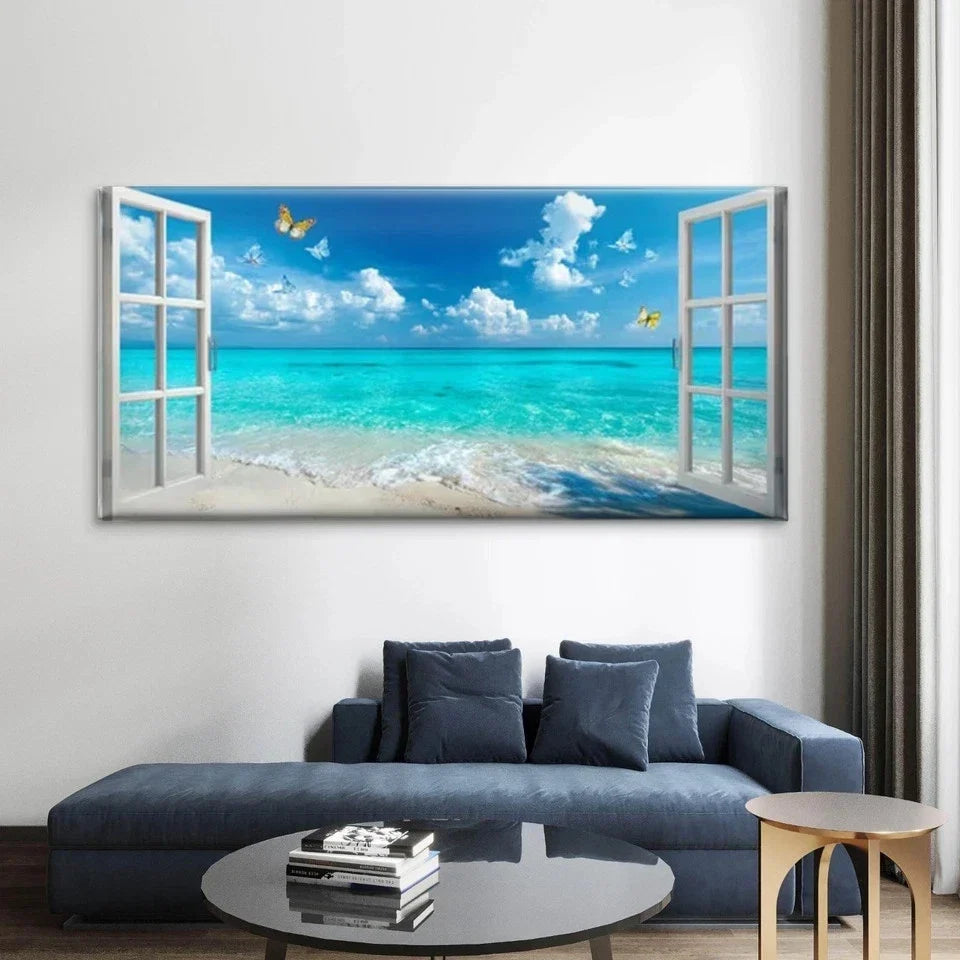 Ocean Beach with Butterfly Wall Art Canvas Office Home Room Framed 80x45cm
