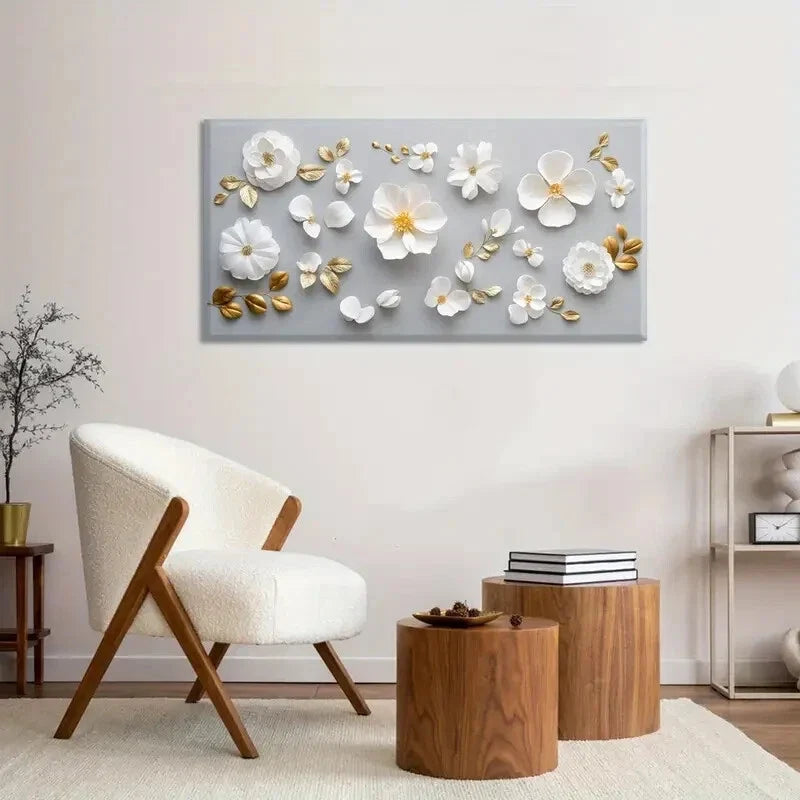 Golden White Floral Deco Floral Wall Art Canvas Office Home Room Framed 120x60cm
