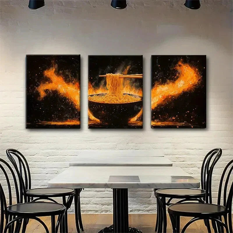 3pcs Bold and Fiery Noodle Dramatic Perfect Wall Art Set Canvas Framed 40x60cm - High Quality Print 100% Australian Made Wall Canvas Ready to Hang