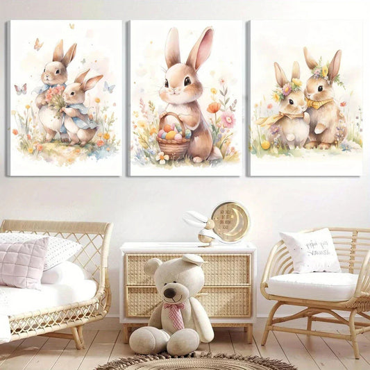 3pcs Cutest Bunnies Holding Bags On Hand Metal Print Ready to Hang Art