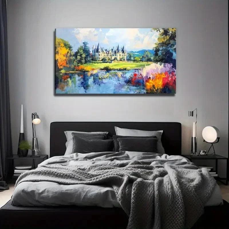 Bohemian Castle Lake Scene Wall Art Canvas Office Home Room Framed 80x45cm