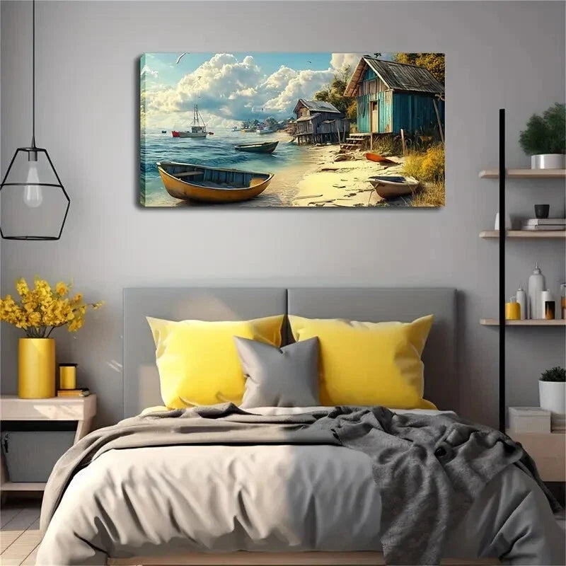 Serene Beach Scene with Wooden Wall Art Canvas Office Home Room Framed 120x60cm