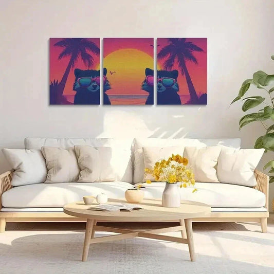 3pcs Raccoons in Fashion Glasses Beach Sunset Wall Art Set Canvas Framed 40x60cm - High Quality Print 100% Australian Made Wall Canvas Ready to Hang