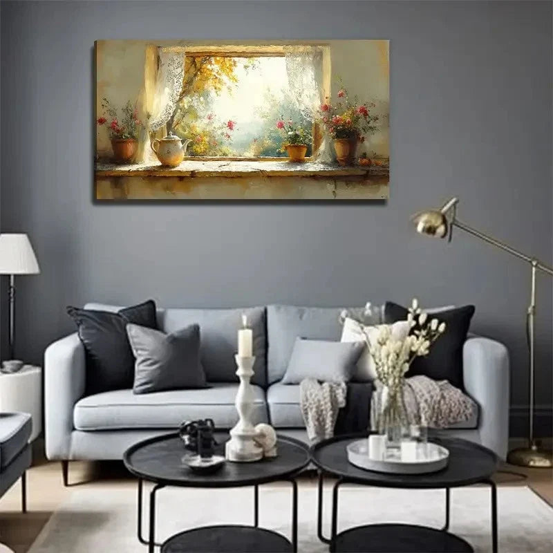 Floral Arrangement Windowsils Wall Art Canvas Office Home Room Framed 80x45cm