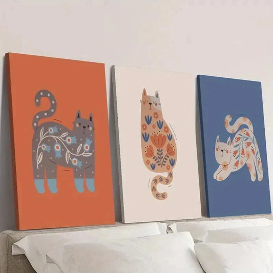 3pcs Cute Cartoon Nordic Niche Cats Wall Art Set Canvas Framed 40x60cm - High Quality Print 100% Australian Made Wall Canvas Ready to Hang