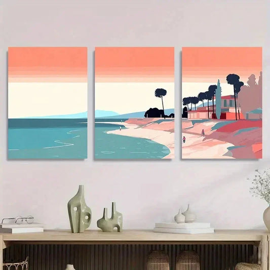 3pcs Abstract Coastal Landscape with Vibrant Sky Metal Print Ready to Hang Art