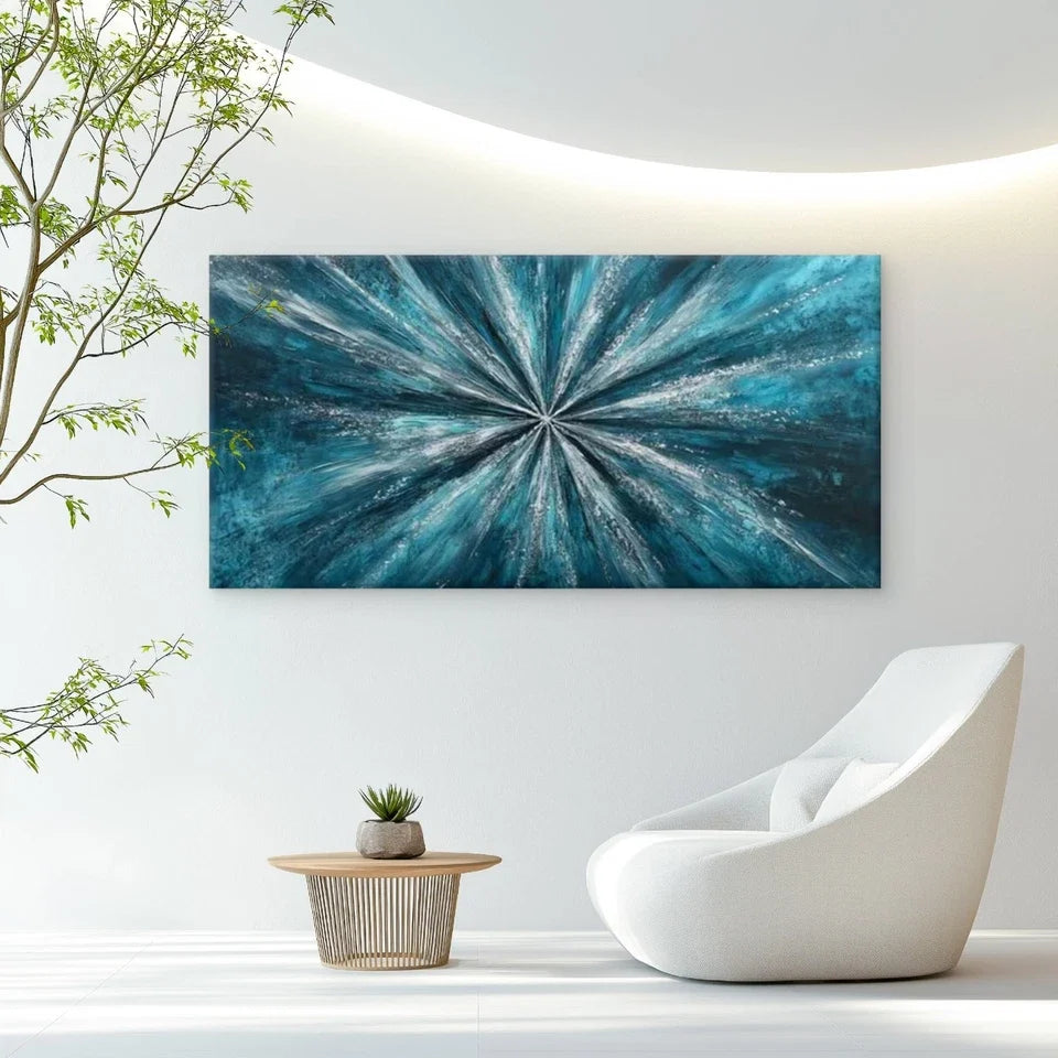 Blue Starburst Design Abstract Wall Art Canvas Office Home Room Framed 120x60cm