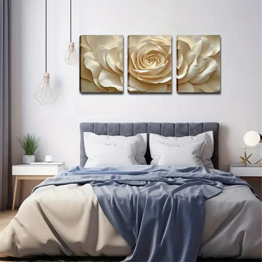 3pcs Flower Design in Beige & White Wall Art Set Canvas Framed 40x60cm - High Quality Print 100% Australian Made Wall Canvas Ready to Hang