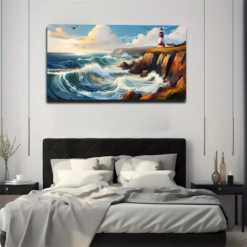Coastal Lighthouse & Rough Sea Wall Art Canvas Office Home Room Framed 120x60cm