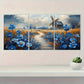 3pcs Rustic Windmill & Blue Flowers Modern Metal Print Ready to Hang Art