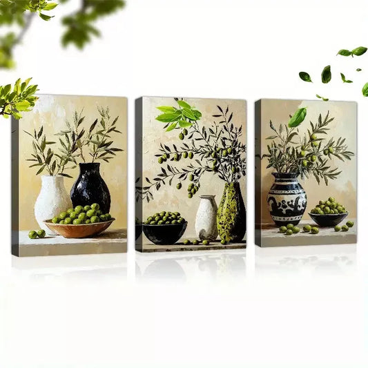 3pcs Charming Olives Branch Still Life Vases Wall Art Set Canvas Framed 40x60cm - High Quality Print 100% Australian Made Wall Canvas Ready to Hang
