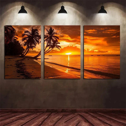 3pcs A Sunset on The Beach with Palm Trees Metal Print Ready to Hang Art