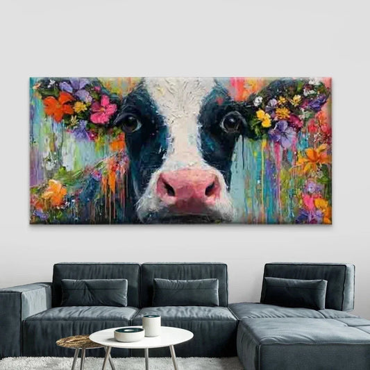 Colorful Floral Cow Wall Art Canvas Office Home Room Framed 80x45cm