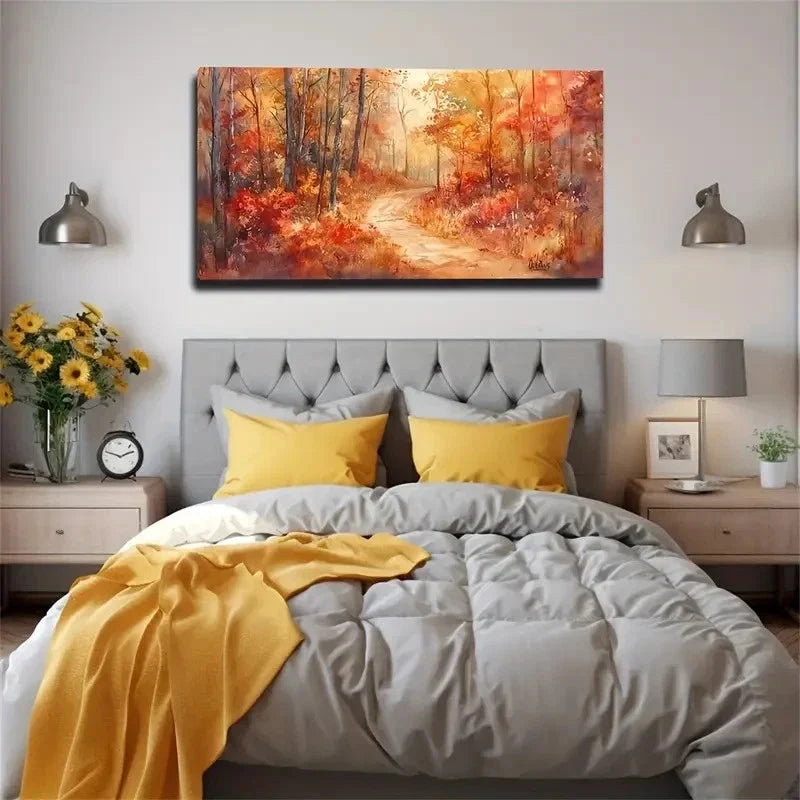 Autumn Woods Red Leaves Wall Art Canvas Office Home Room Framed 120x60cm