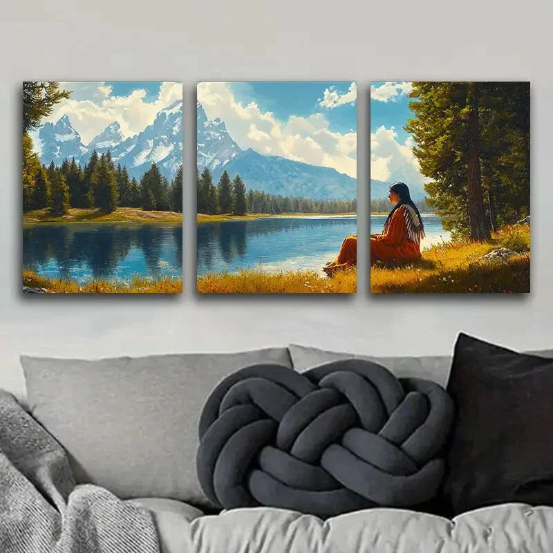 3pcs Girl by the River Blue Sky Nature Perfect Wall Art Set Canvas Framed 40x60cm - High Quality Print 100% Australian Made Wall Canvas Ready to Hang
