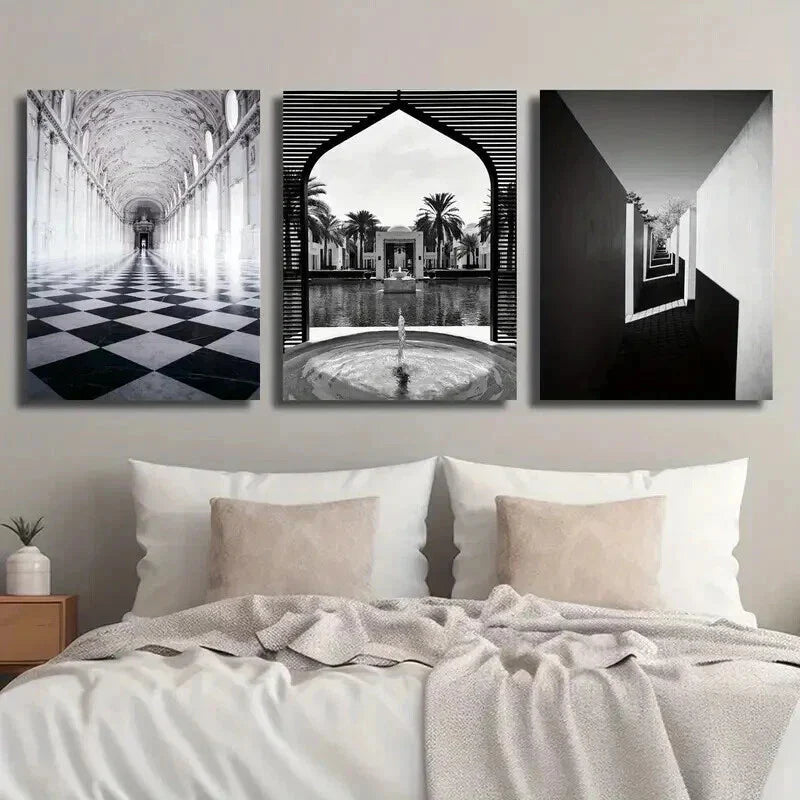 3pcs Venalia Palace Moroccan Arches & Medgreent Wall Art Set Canvas Framed 40x60cm - High Quality Print 100% Australian Made Wall Canvas Ready to Hang