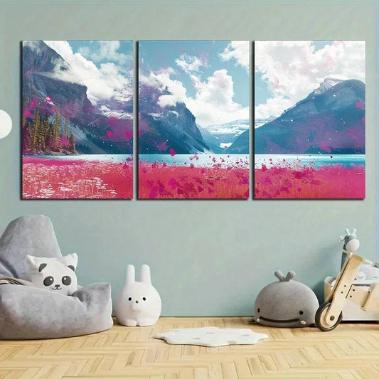 3pcs Mountain White Clouds Blue Sky Rose Theme Metal Print Ready to Hang Art