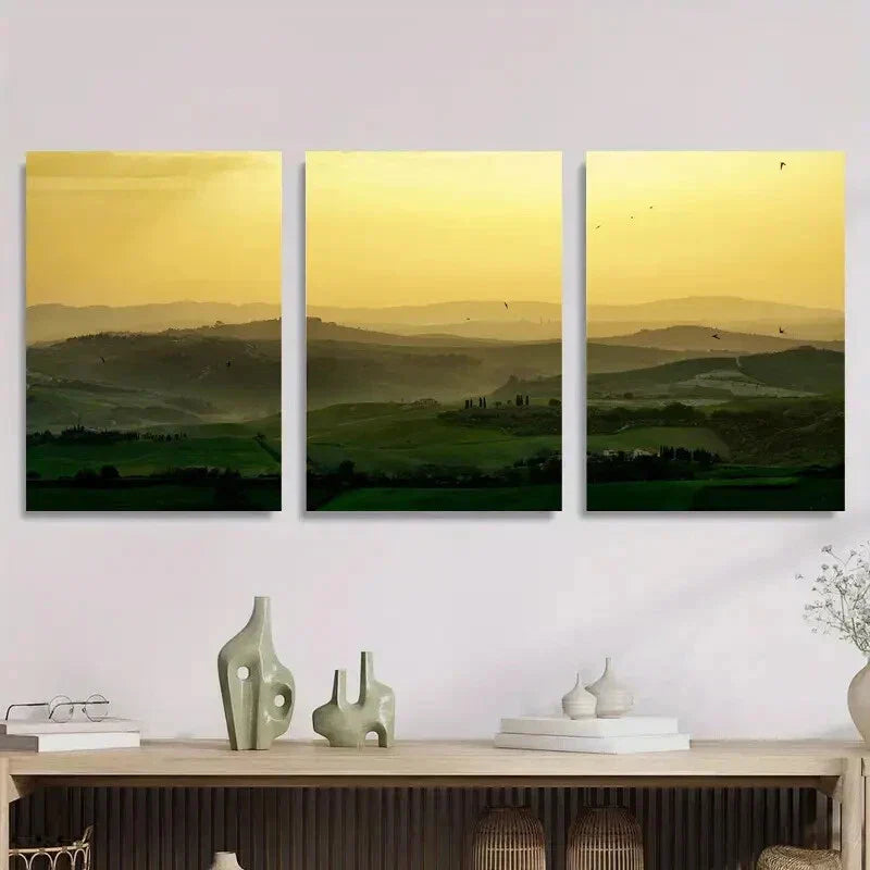 3pcs Serene Green Landscape & Sunset Sky Metal Print Ready to Hang Art