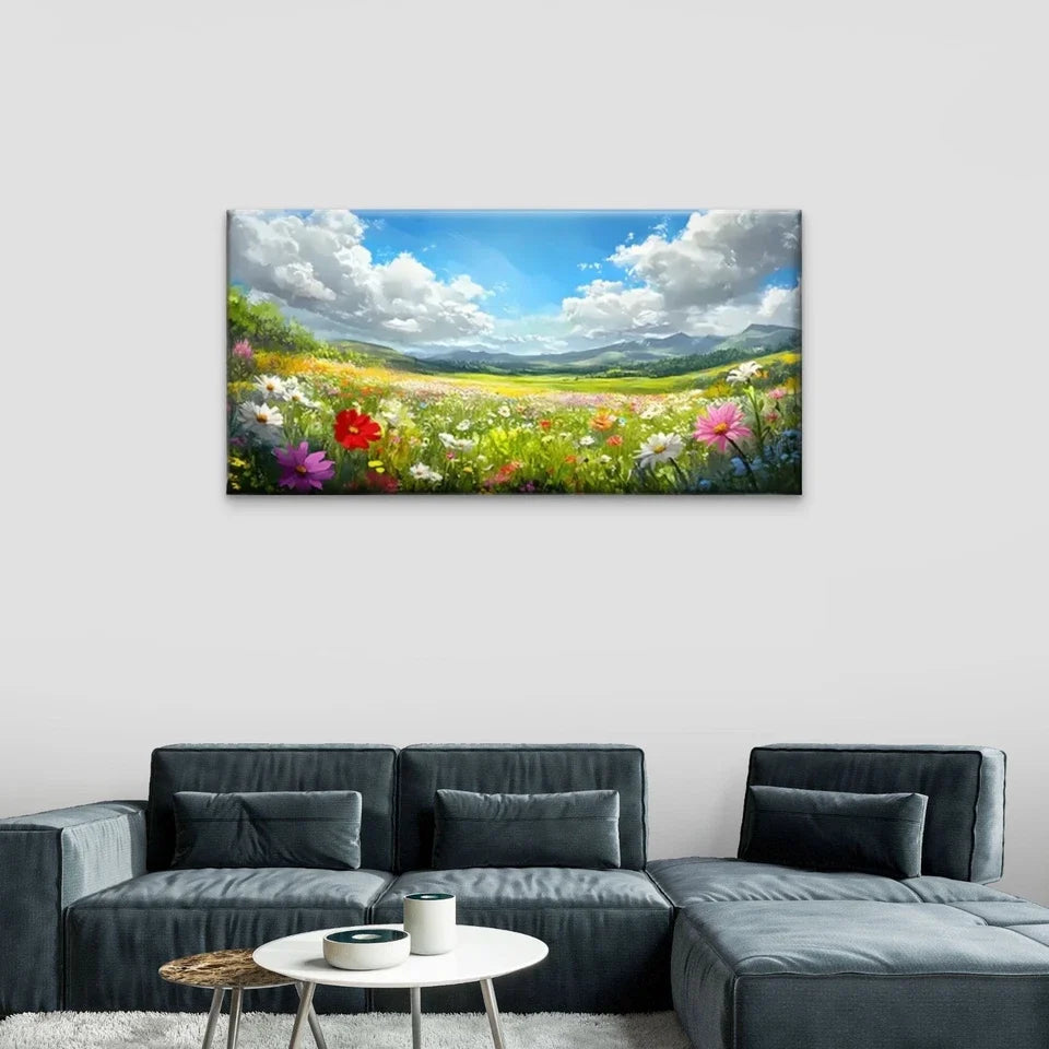 Fields Flowers Clouds Wall Art Canvas Office Home Room Framed 120x60cm