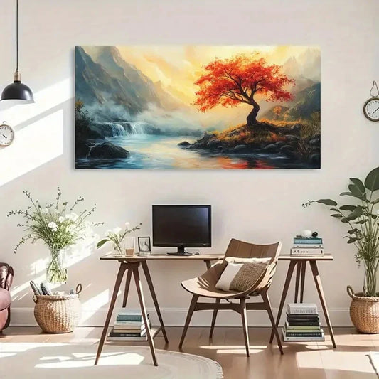 Autumn Mountain Landscape River Wall Art Canvas Office Home Room Framed 120x60cm