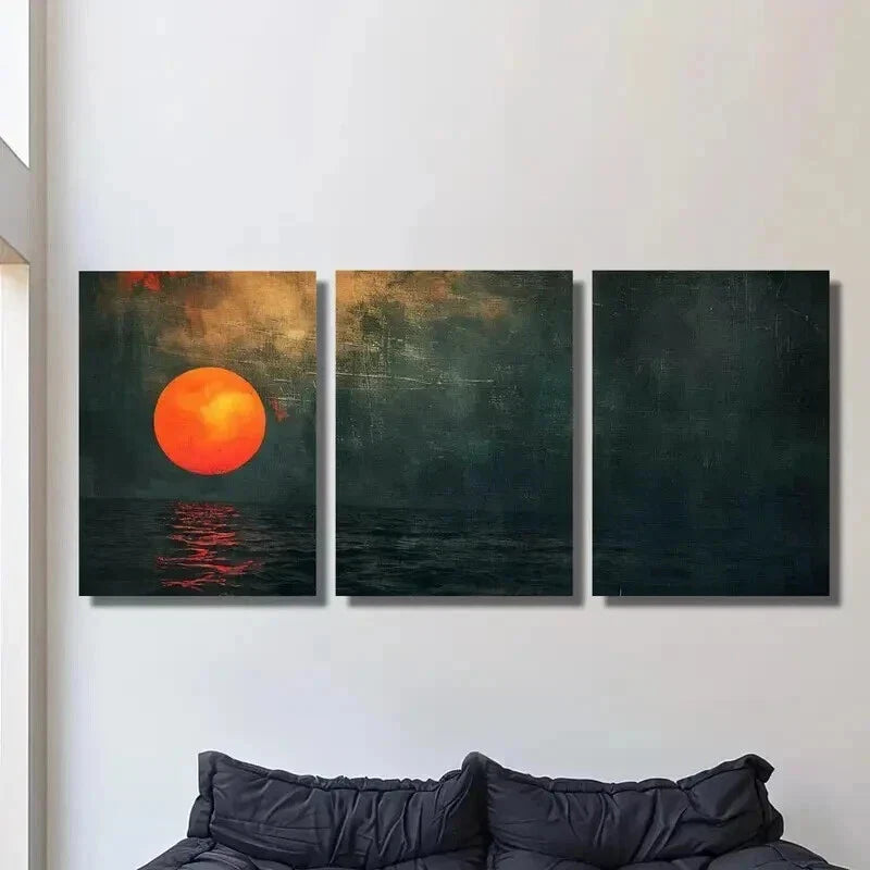 3pcs Red Sun over Emerald Green Sea Wall Art Set Canvas Framed 40x60cm - High Quality Print 100% Australian Made Wall Canvas Ready to Hang