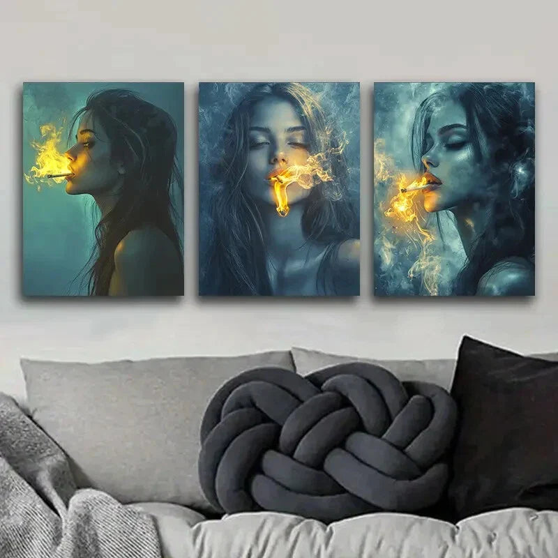 3pcs The woman puffed her smoke Metal Print Ready to Hang Art