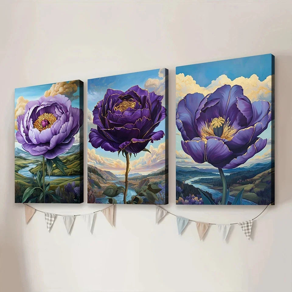 3pcs Abstract Charming Purple Flowers Blue Sky Wall Art Set Canvas Framed 40x60cm - High Quality Print 100% Australian Made Wall Canvas Ready to Hang