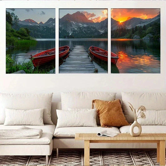 3pcs Scenic Mountain Lake Sunset Triptych Metal Print Ready to Hang Art