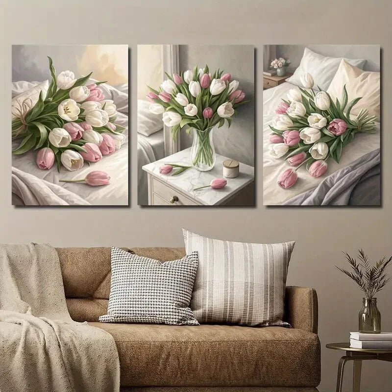 3pcs Tulip Flower Bouquet Botanical Flower Wall Art Set Canvas Framed 40x60cm - High Quality Print 100% Australian Made Wall Canvas Ready to Hang