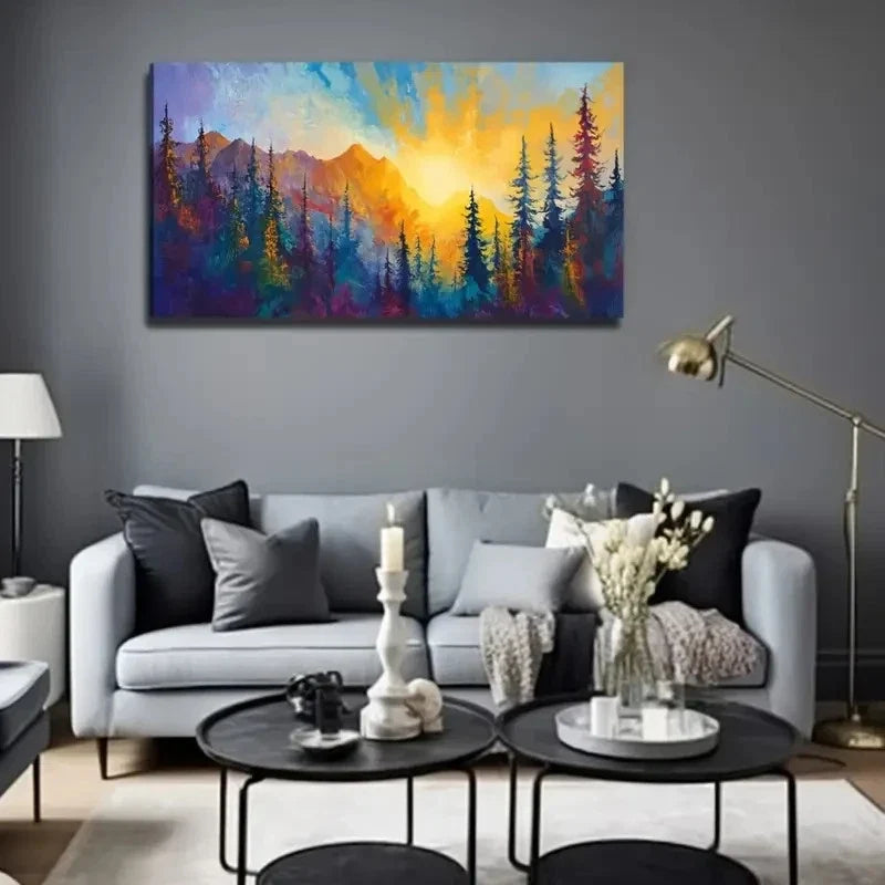 Vibrant Sunset Forest Wall Art Canvas Office Home Room Framed 120x60cm